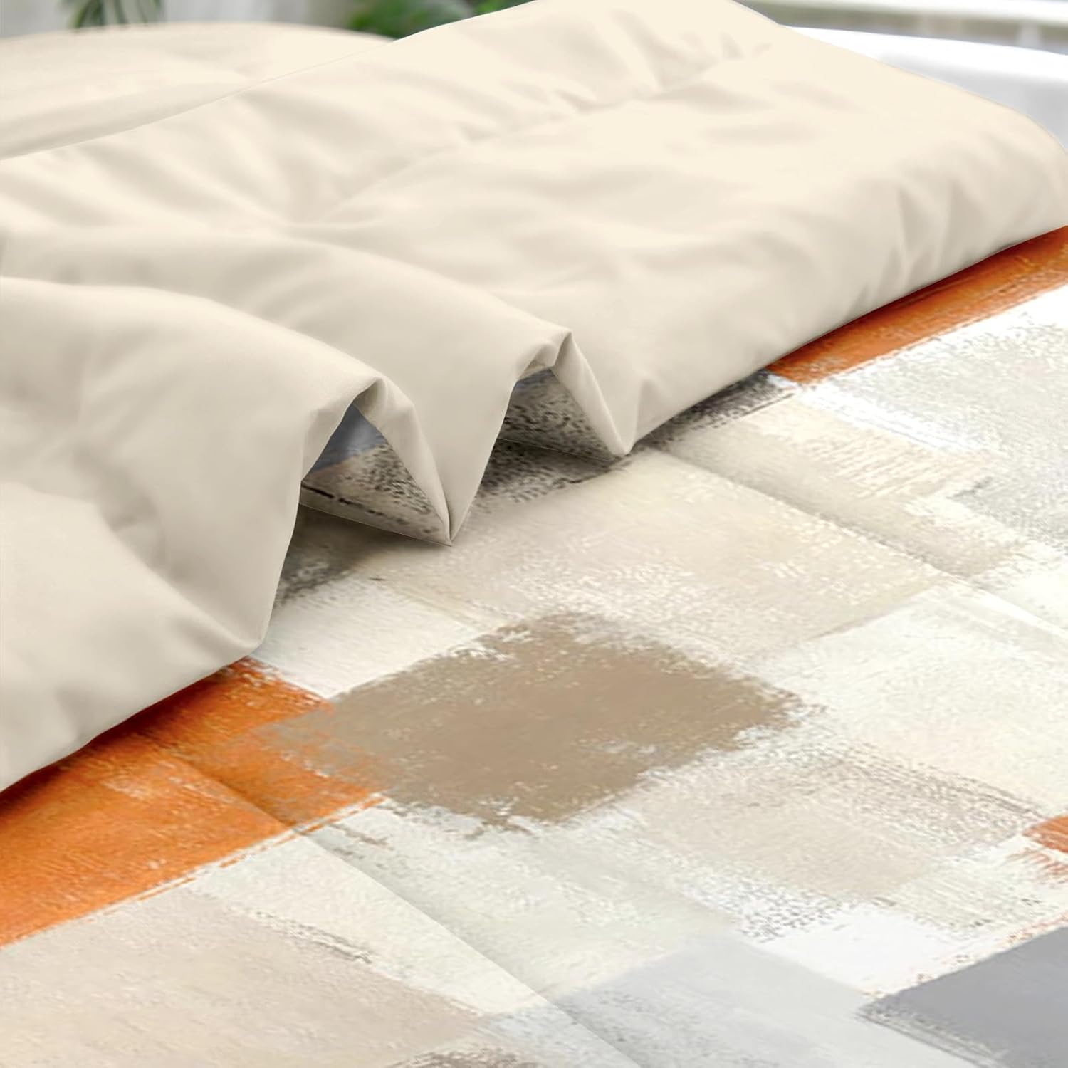 Comforter Set Full Size, Beige Grey Abstract Painting 7 Pcs Bedding for Kids and Adults, Orange Gray Contemporary Bed Sheet Sets with Fitted Sheet 2 Pillowcase & 2 Sham for Bedroom Bed Decor