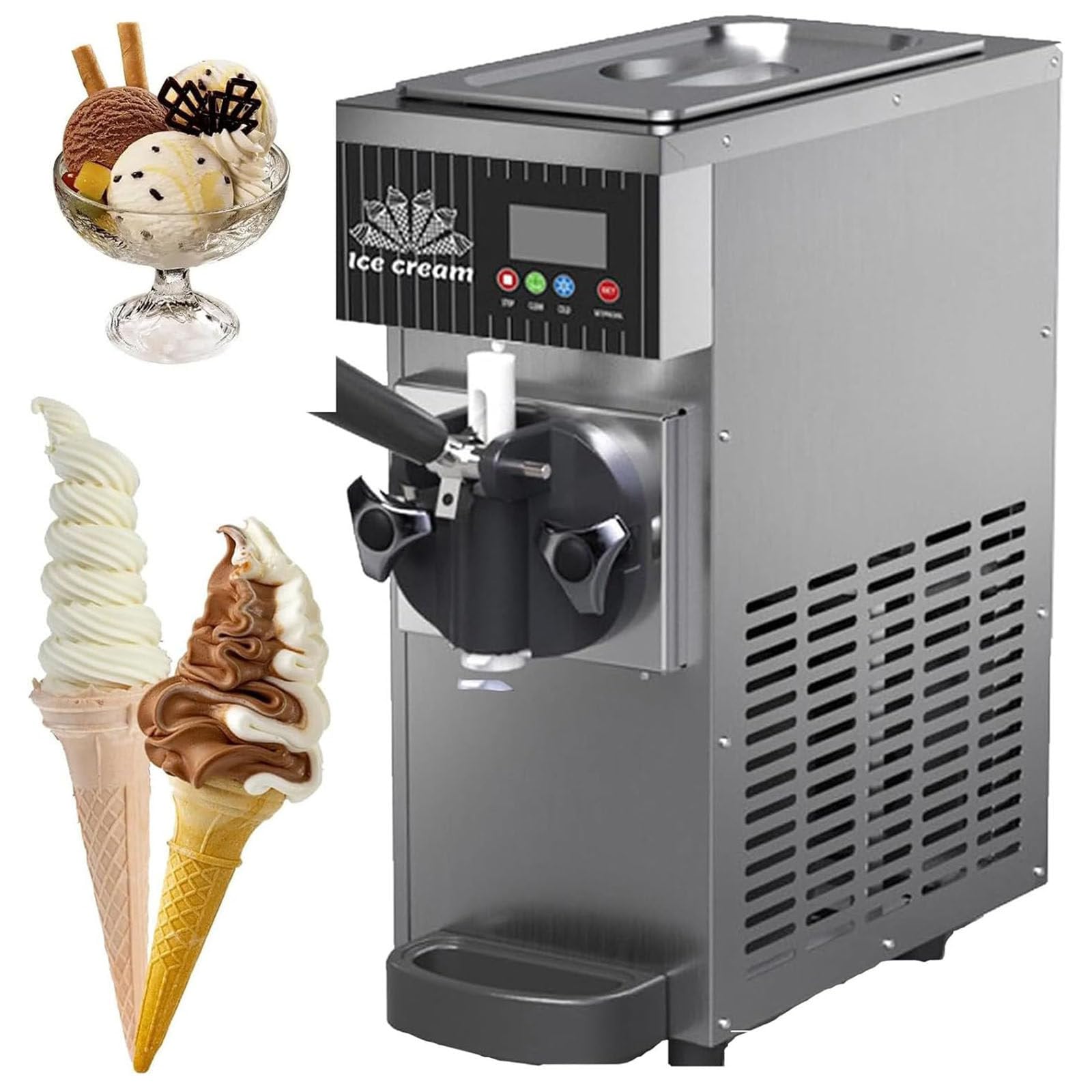 Machine à Glace Italienne Mono-Parfum, Machine à Glace Italienne de comptoir en Acier Inoxydable, Machine à Glace Italienne Professionnelle pour Restaurants, boutiques, Snacks Grey