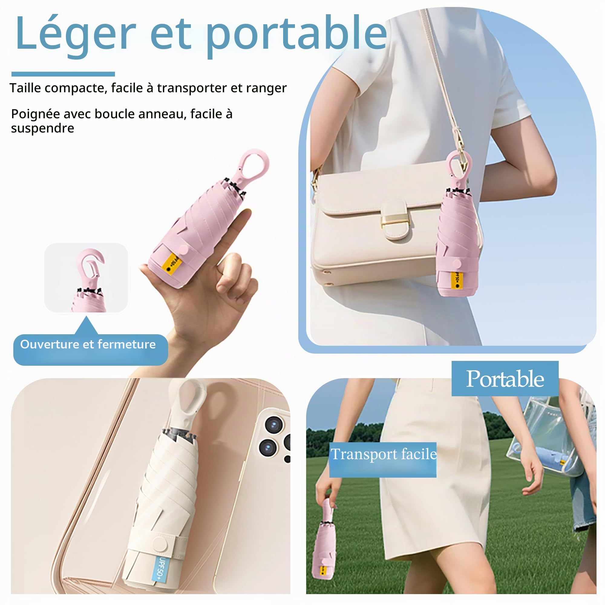 Mini Pliant Voyage Compact Poche Parapluie Avec Poignée Mousqueton,Femme Et Enfant,Soleil Et Pluie,Ultra Léger,Côtes En Fibre De Verre,UPF 50+ Protection UV