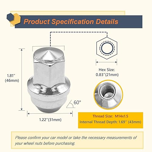 Miniatura 10 de Kadrick 24 tuercas de rueda de repuesto M14x1.5 para Ford ExpeditionF-150, tuercas de rueda de asiento grandes de una pieza de color negro cromado