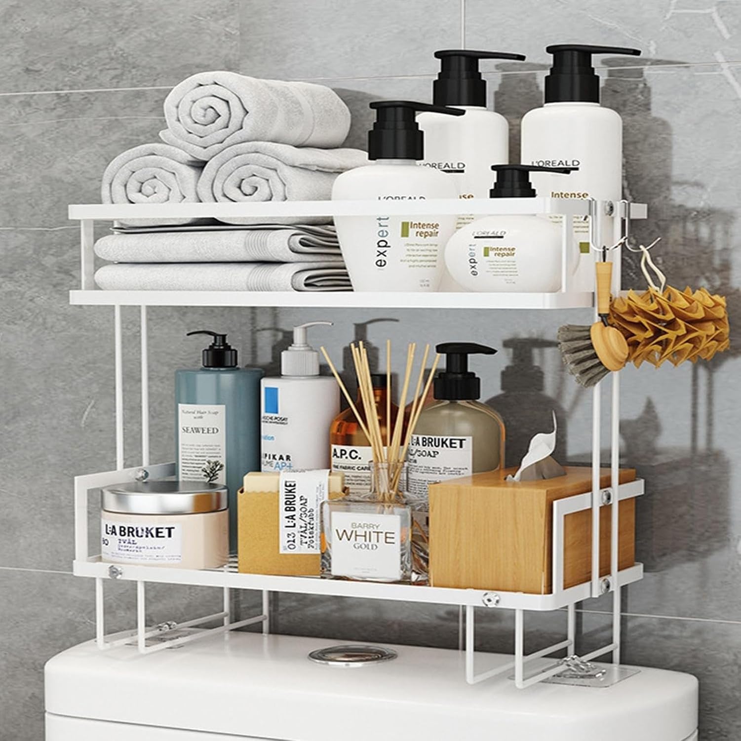 Étagère 2 Niveaux au-Dessus des Toilettes sans Perçage, Blanc