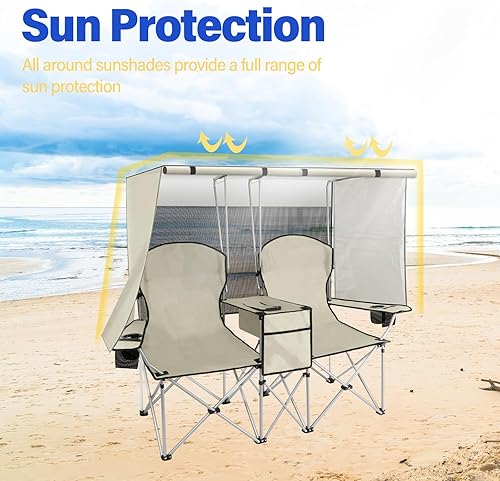 Miniatura 5 de PLKO Silla de camping doble portátil con pantalla de toldo, sillas de playa resistentes para adultos, silla de playa plegable con bolsa enfriadora