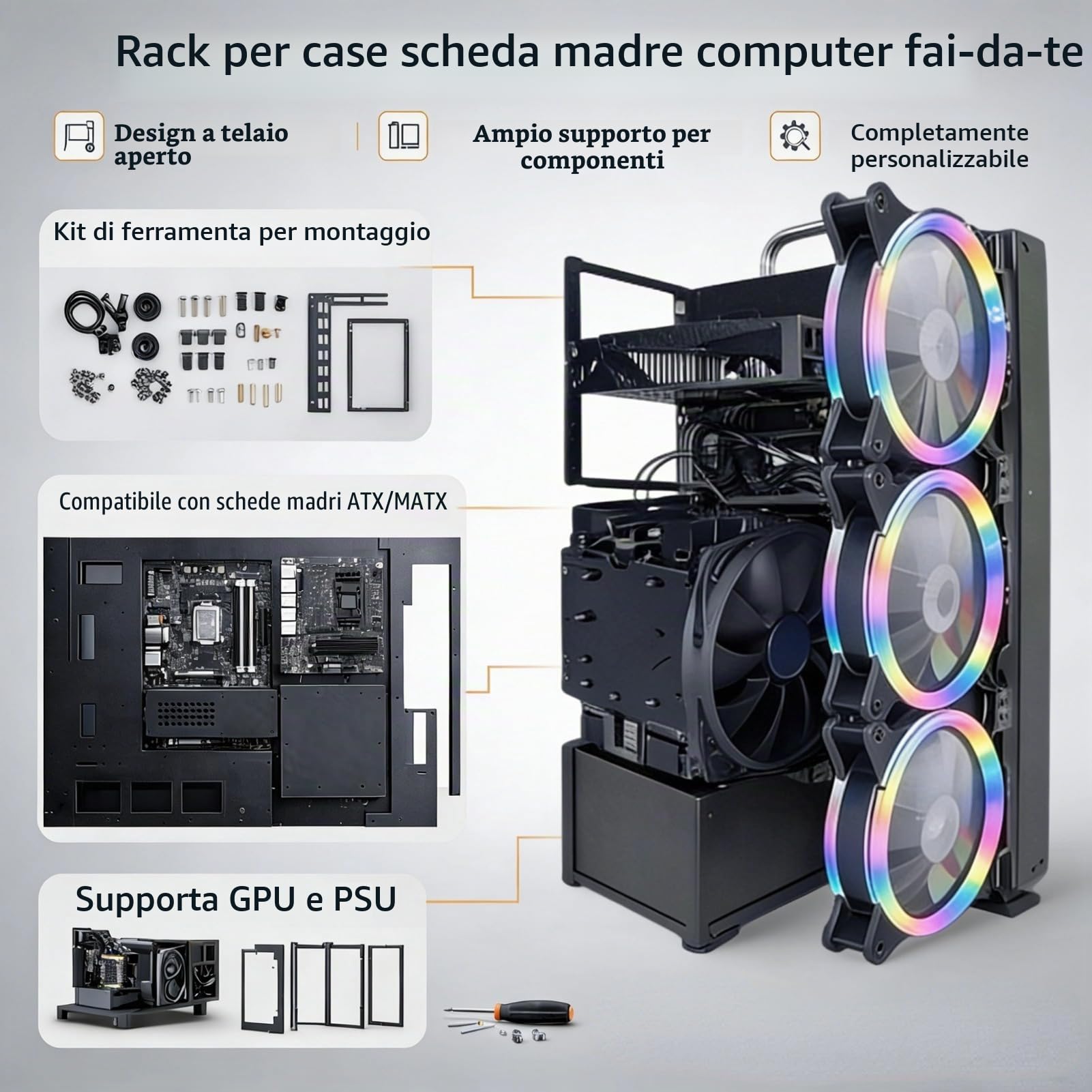 Rack per Case per Computer da Gioco Fai-da-Te, Potente Rack per Case Aperto per Computer in Lamiera D'acciaio, Rack per Scheda Madre Aperta ATX per Computer, Scheda Madre ATX M