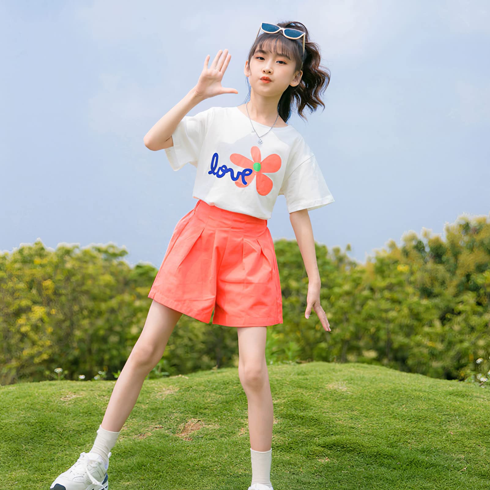 amropi Niña 2 Piezas Floral Camiseta de Manga Corta y Pantalones Cortos Verano Conjunto de Ropa 3-13 años