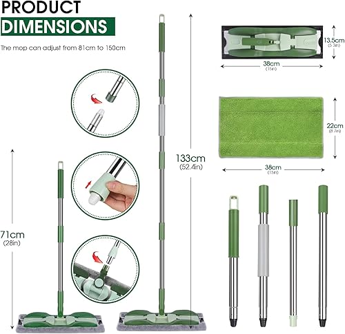 Miniatura 3 de MASTERTOP Trapeador de microfibra  Trapeador de suelo plano húmedo y seco con 4 almohadillas lavables y mango de acero inoxidable de 52.4 pulgadas