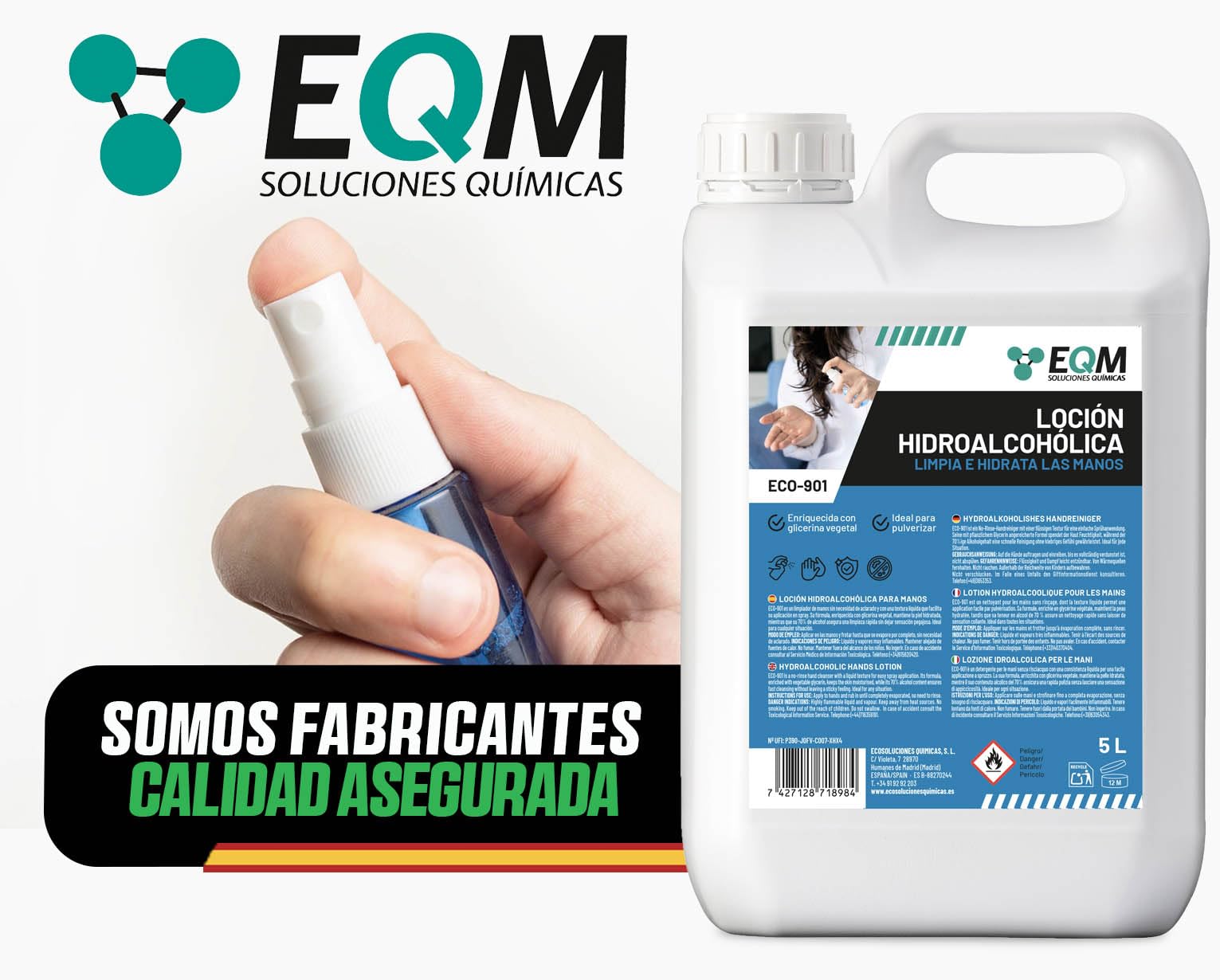 EQM - ECO-901 - Loción Hidroalcohólica para Manos - 5L - Eficacia Certificada por Laboratorio - Limpieza e Hidratación Profunda - Fórmula con Alto Contenido en Glicerina