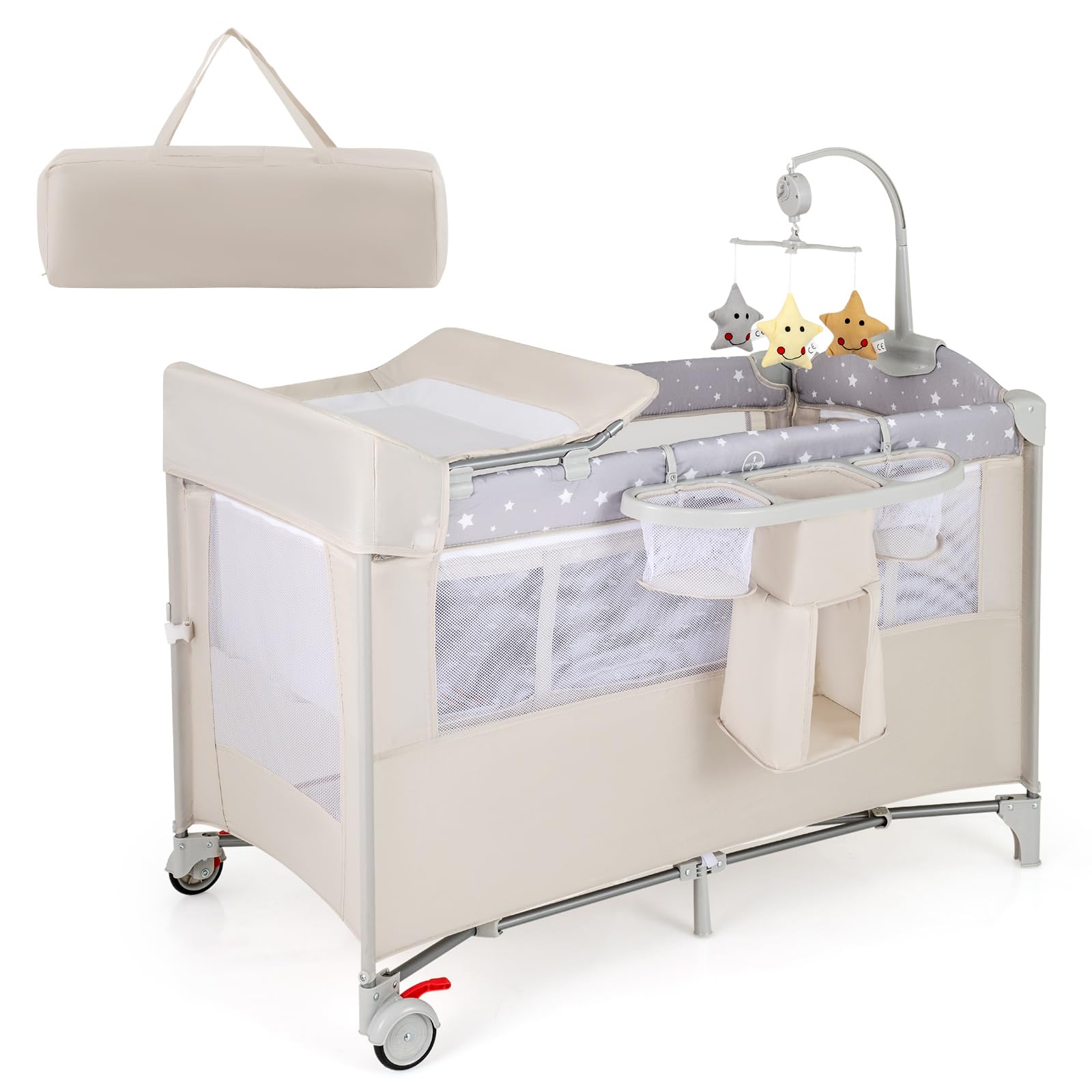 GYMAX Culla 5 in 1 con Fasciatoio, Palestrina, Scatola Musicale, Giochi, da Viaggio per Bambini, Lettino Portatile con Borsa da Trasporto per Neonati e Bambini (Beige)
