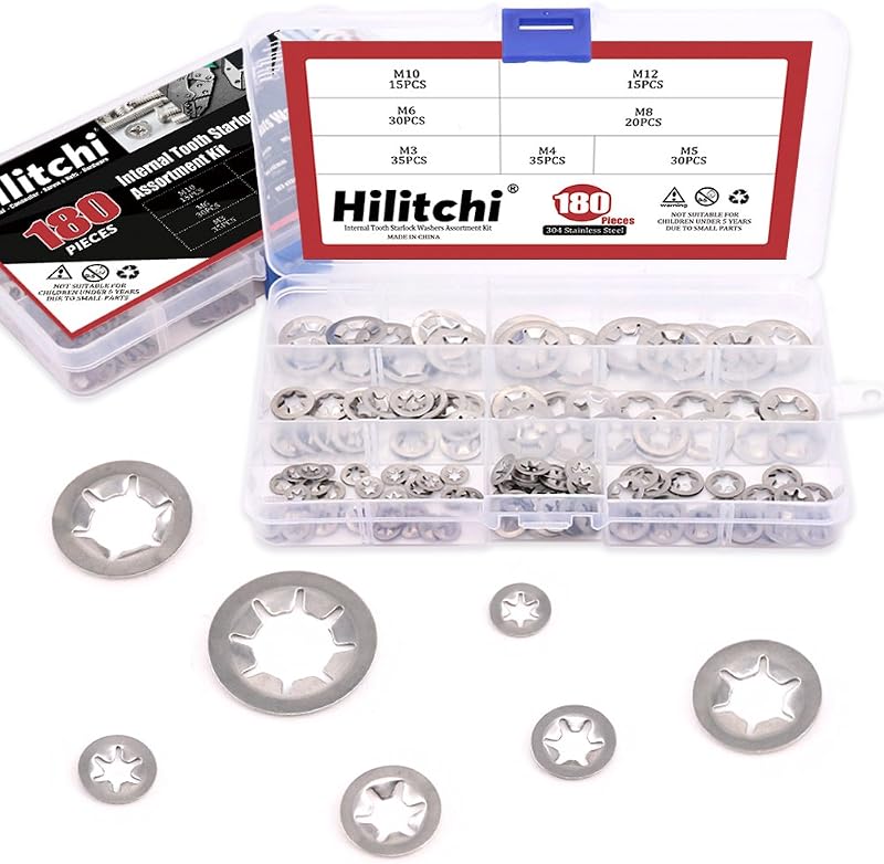Hilitchi 180 Piece 304 Stainless Steel Internal Tooth Starlock Washers Quick Speed Locking Washers Push On Speed Clips Fasteners Assortment Kit - 7 Size