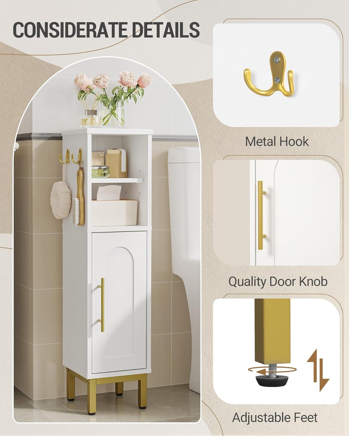 Bathroom Storage Cabinet, Corner Floor Cabinet with Door & Shelves, 2Hooks, Small Narrow Storage Organizer, Toilet Paper Cabinets for Small Space, White SC16313G