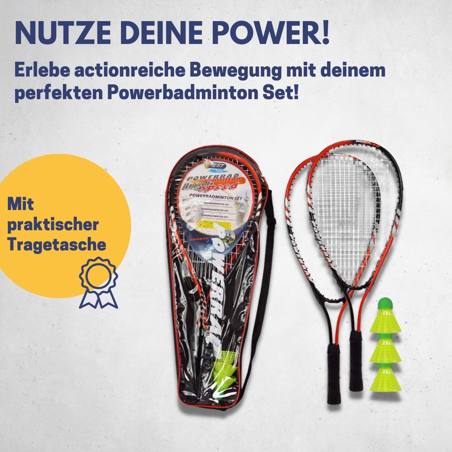 Best Sporting Power Badminton-Set I Federball-Set mit 2 Schläger orange/schwarz & 3 neongelbe Bälle I Speed-Badminton Set Erwachsene & Kinder inkl. Tragetsche