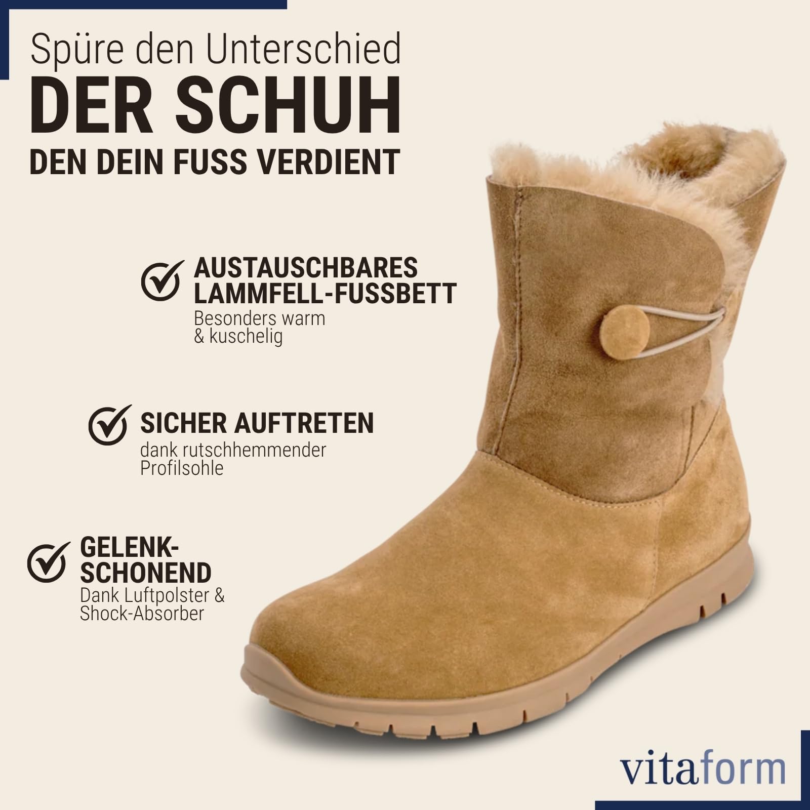 VITAFORM Lammfellstiefel Veloursleder | Flauschige und wärmende Boots für Damen I Bequem auch für breite Füße I Winterboots in tollen Farben