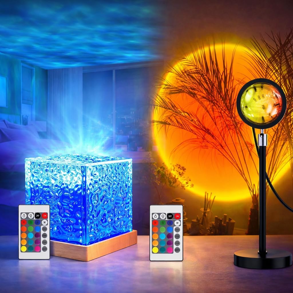 RGB Sunset Projection Lamp + Romantic Ocean Wave Night Light Projector Lamp | Pack of 2 | 16 Color Modes & 3D Water Wave LED | Remote Control | Bedroom Romantic Décor