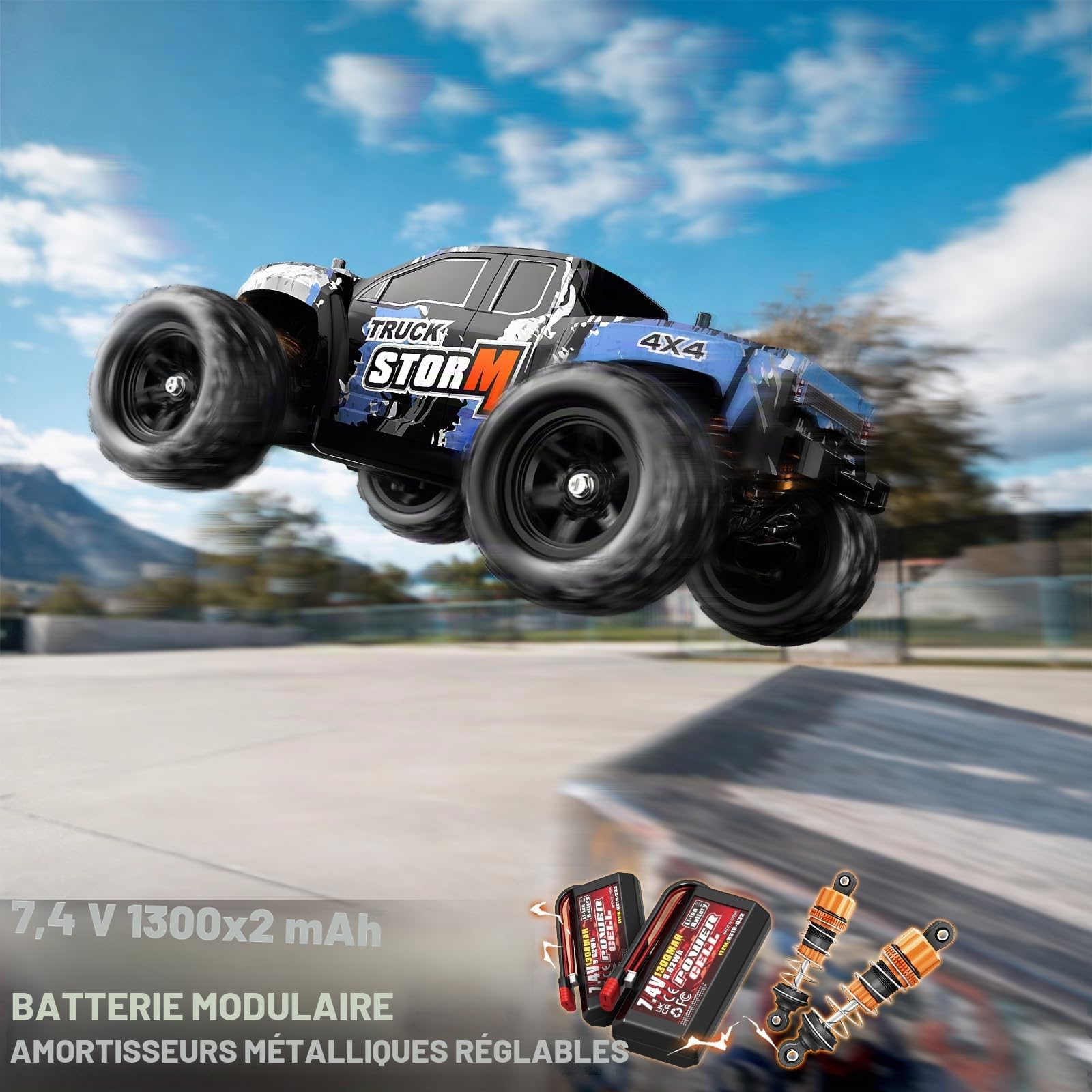 Voiture télécommandée Adulte & dès 8 Ans Tout Terrain 4x4 1:18 – Monster Truck RC 36 km/h, Voiture radiocommandée extérieur/Plein air, Transmission métal & cardans CVD, Splash-Proof, 2 Batteries