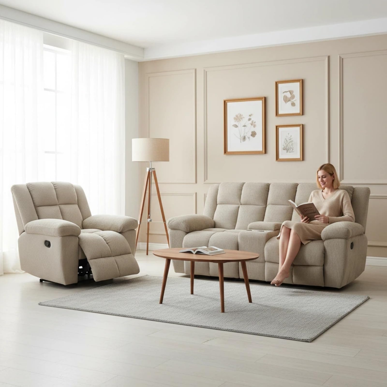 Corduroy Recliner Sofa Set, Living Room Furniture Set, Adjustable Backrest Reclining Loveseat Sofa with Storage Console &amp; Cup Holders, Manual Recliner Chair for House, Home Theater, Beige