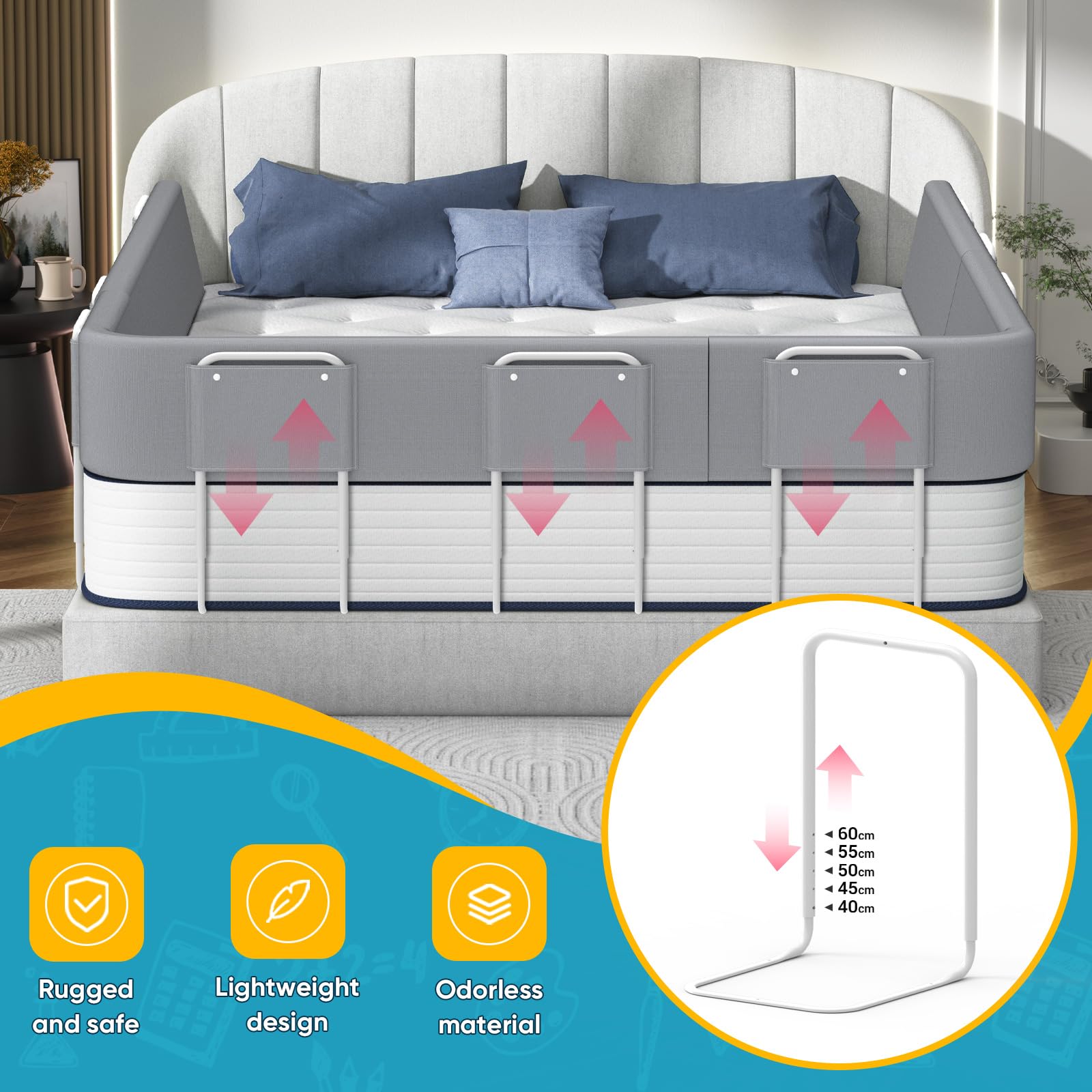 Sicherheitsgitter für Kinderbett 100cm, Verstellbare Baby-Bettbarriere mit 5 Höheneinstellungen, Flexibler Schutzrahmen zur Sturzprävention für Familien und Säuglinge, Grau