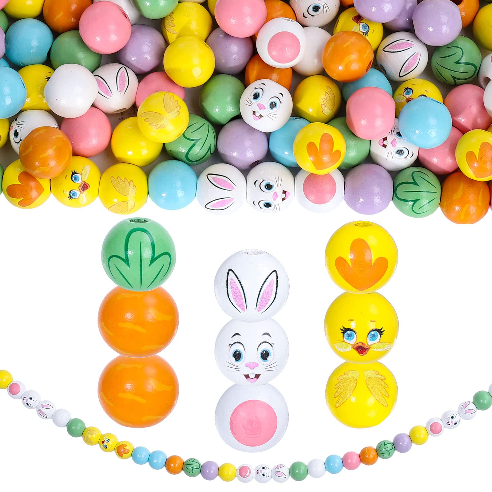 225 Oster-Holzperlen Set – Bunt, 16mm, Mit 10m Hanfseil, Perfekt Für Schmuck & DIY-Deko