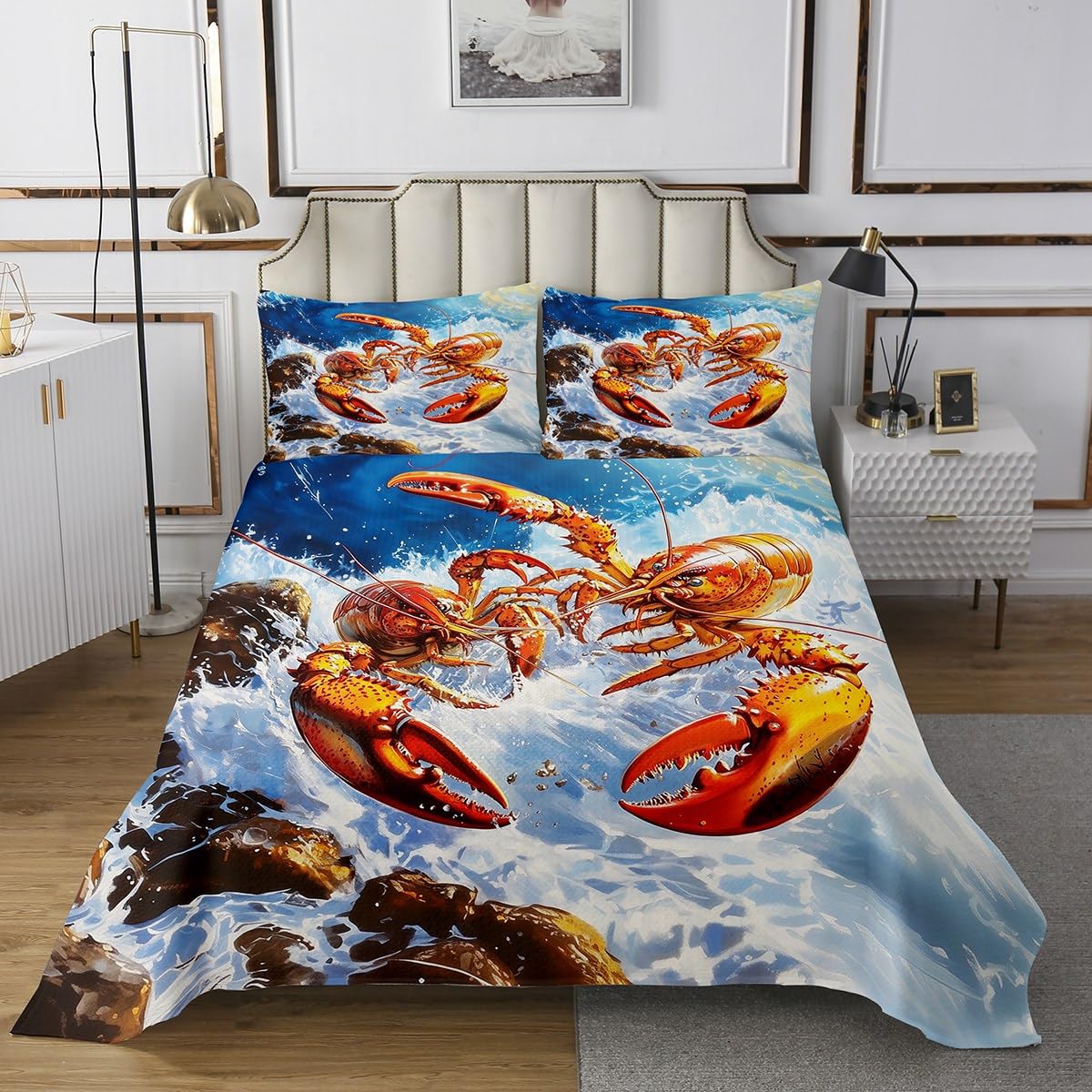 Erosebridal Lobster Kids Bedspread Set Twin Size, Sea Animal Quilt Set for Boys Girls Teens, Ocean Life Coverlet Aquatic Organism Bedding Set 2 Piece with 1 Pillow Case