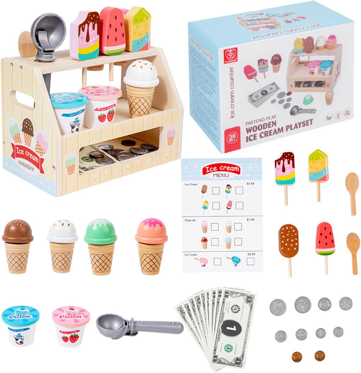 Wooden Ice Cream Shop Playset for Interactive Imaginative Play Activity Wooden Pretend Play Ice Cream Shop Toy Pretend Store Toy for Fine Motor Skills Development