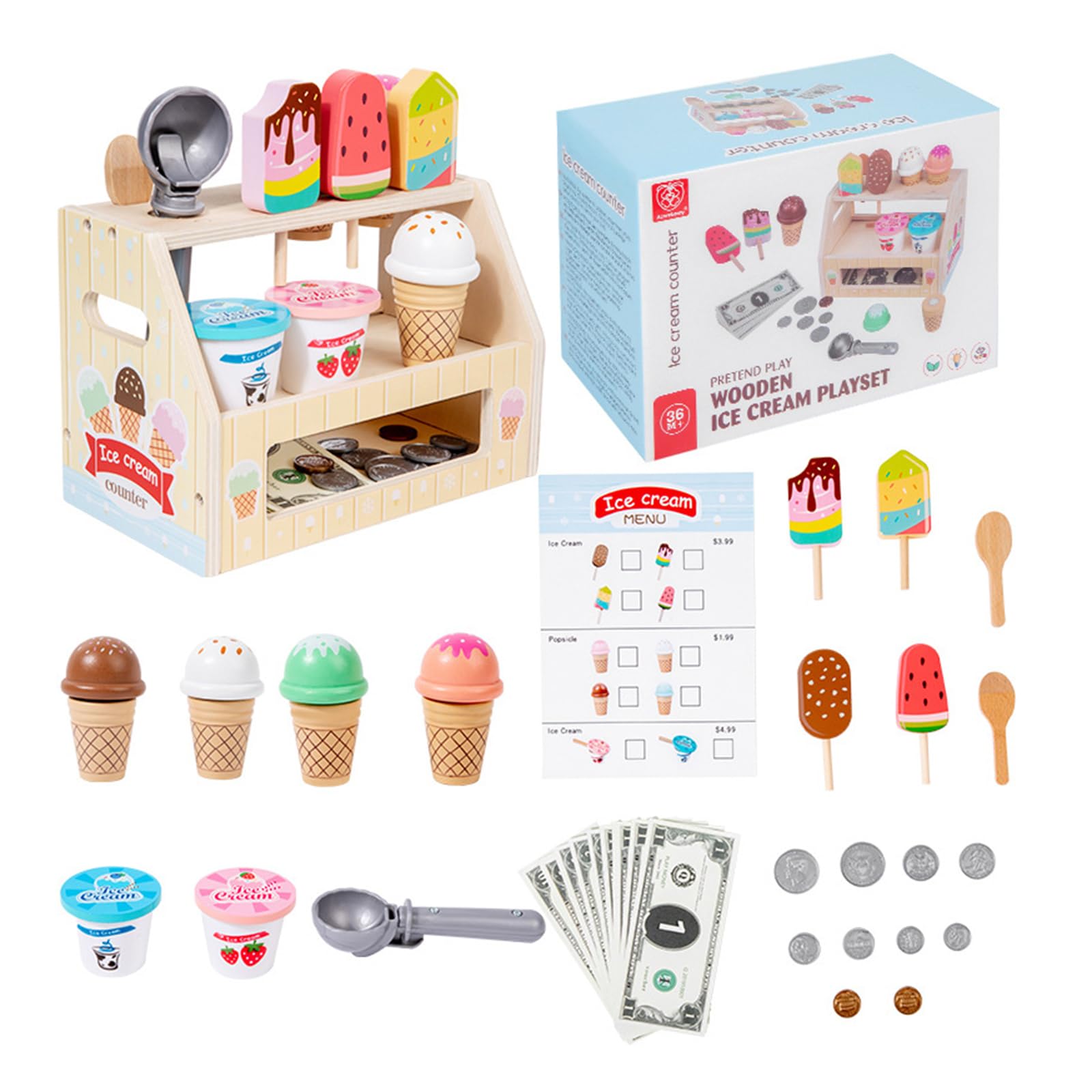 Interaktives Eisdielen Spielset aus Holz für fantasievolle Lernaktivitäten 3 Jahren Rollenspiel Eisdiele mit Schaufeln und Waffeln