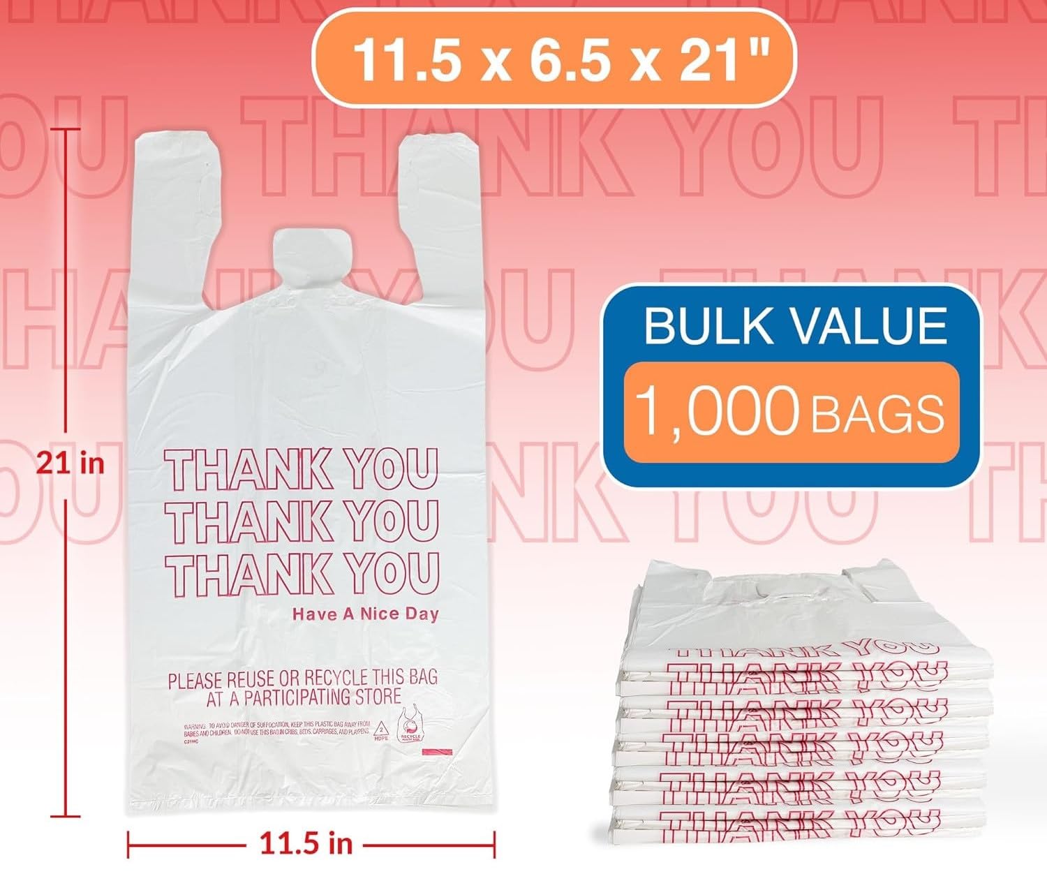Wanowa Large Plastic Bags Thank You | 500 White Grocery Bags, Plastic Shopping Bags with Handles, Large (21