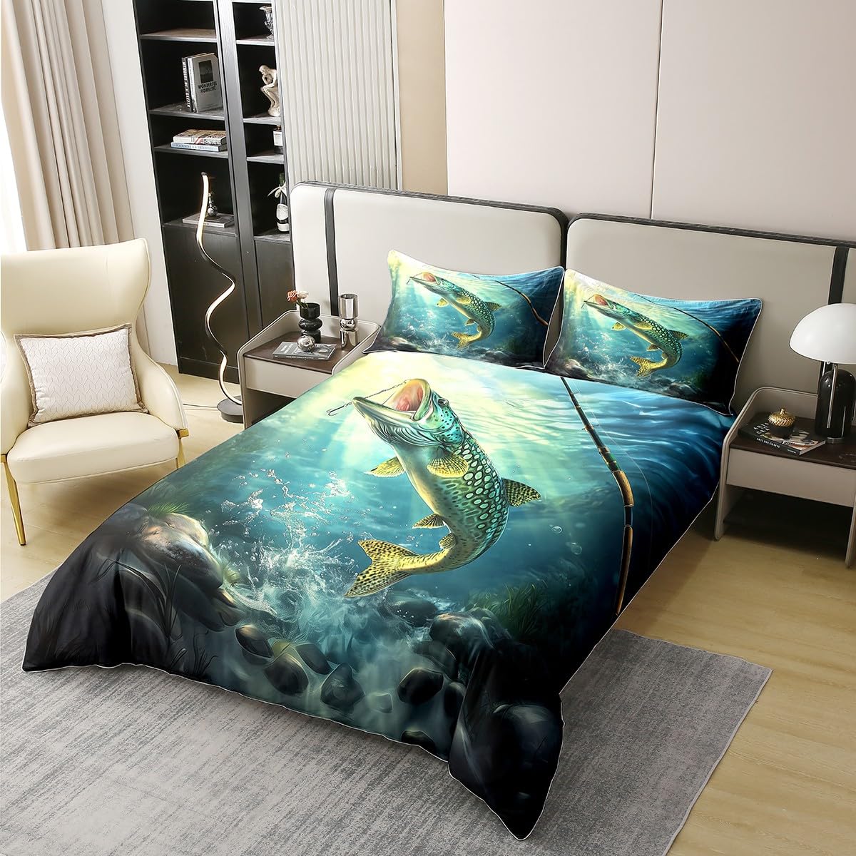 Loussiesd Big Hecht Fisch 100% Baumwolle Bettwäsche Set 135x200cm Fischen und Jagen Bettbezug für Kinder Jungen Mädchen Zimmer Dekor Fischer Fisch Mann Betten Fischen Bettwäsche-Set