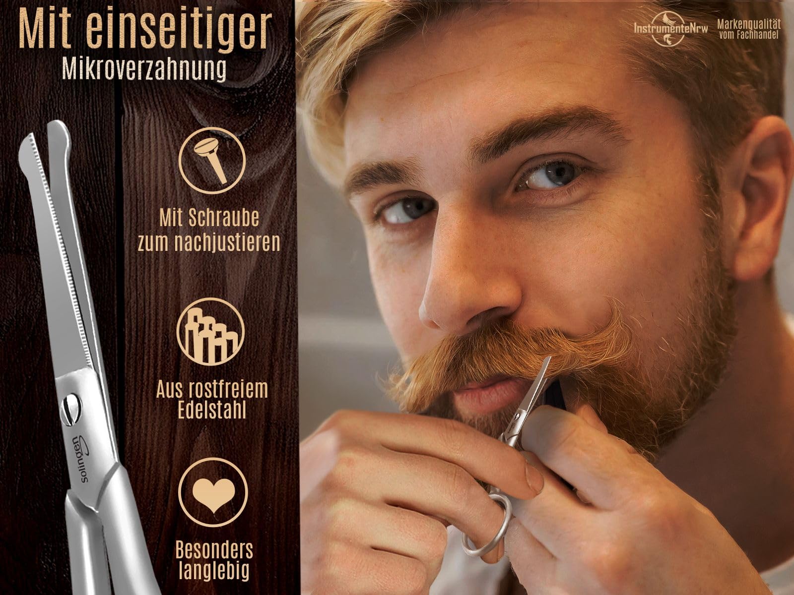 Bartschere Solingen Haarschere Bartpflege Schere mit einseitiger Mikroverzahnung Made in Germany Schnurrbartschere Edelstahl Rostfrei zum Kürzen von Barthaaren, Ohrhaaren und Nasenhaaren (3,5 Zoll)