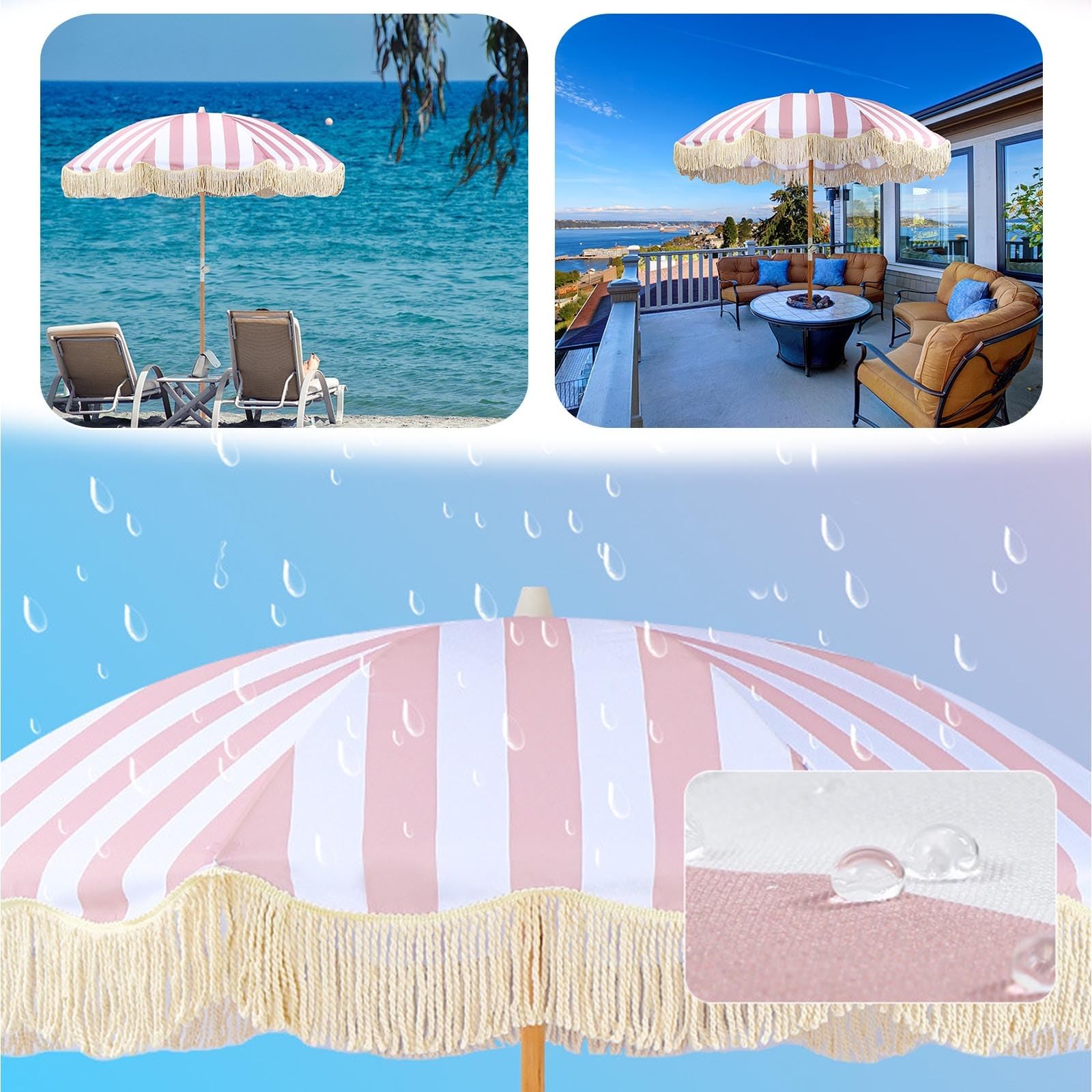 Sombrilla Playa Grande Con Borlas Rosa Sombrilla De Playa Portátil Hawaiano Parasol Jardin Inclinable 2m Sombrilla Terraza Exterior Sombrilla Jardín Impermeable Anti UV