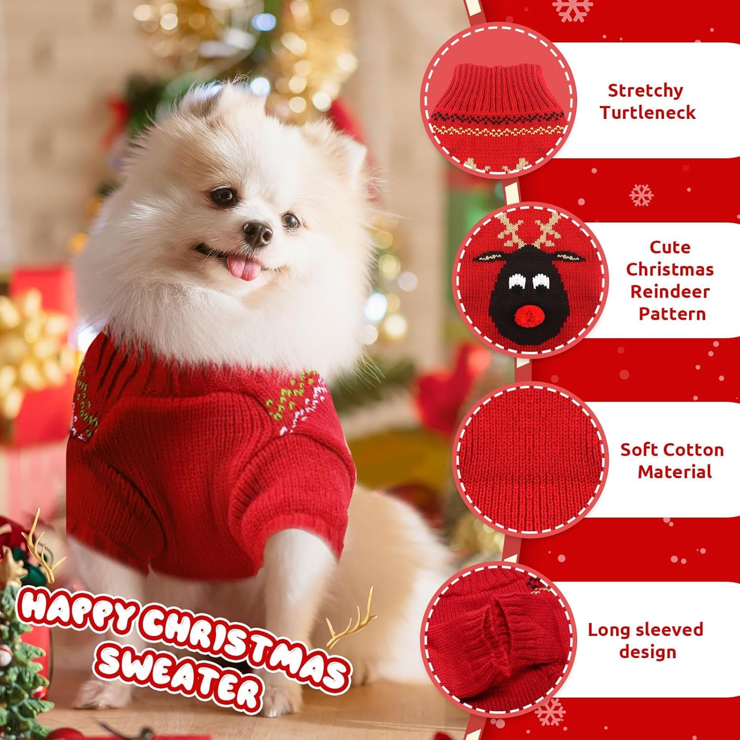 KUTKUT Dog Christmas Sweater Cute Red Reindeer Dog Knitted Pullover for Small Medium Large Dogs Cats Warm Xmas Pet Outfit Puppy Knit Jumper New Year Fall Winter Holiday Dog Clothes (Size: M) 1