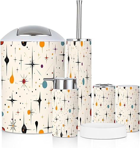 Miniatura 10 de Bathroom Accessory Set 6 Piece Mid Century Vintage 1950s Modern Retro Geometric Lattice Star Trash can, Toothbrush Holder, Soap Dispenser, Soap