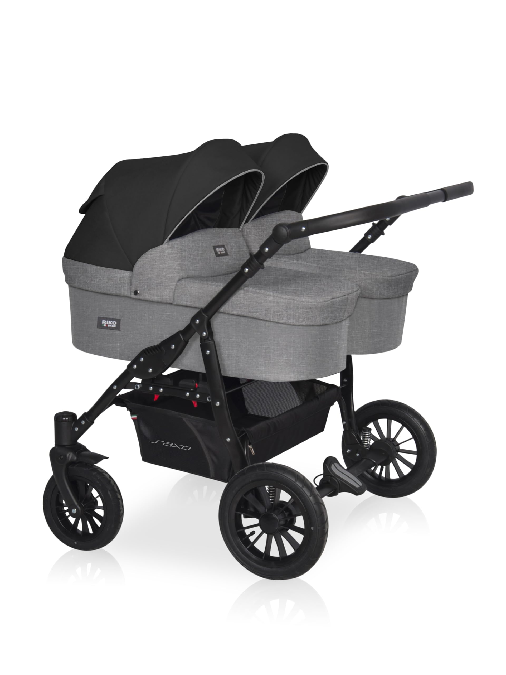 Riko Basic kinderwagen 2 in 1 SAXO für Zwillinge – 2 baby Gondeln – kinderwagen für 2 kinder – Ventilatoren und Verdeck – geräumiger Korb und Tasche – Zentralbremse – Onyx