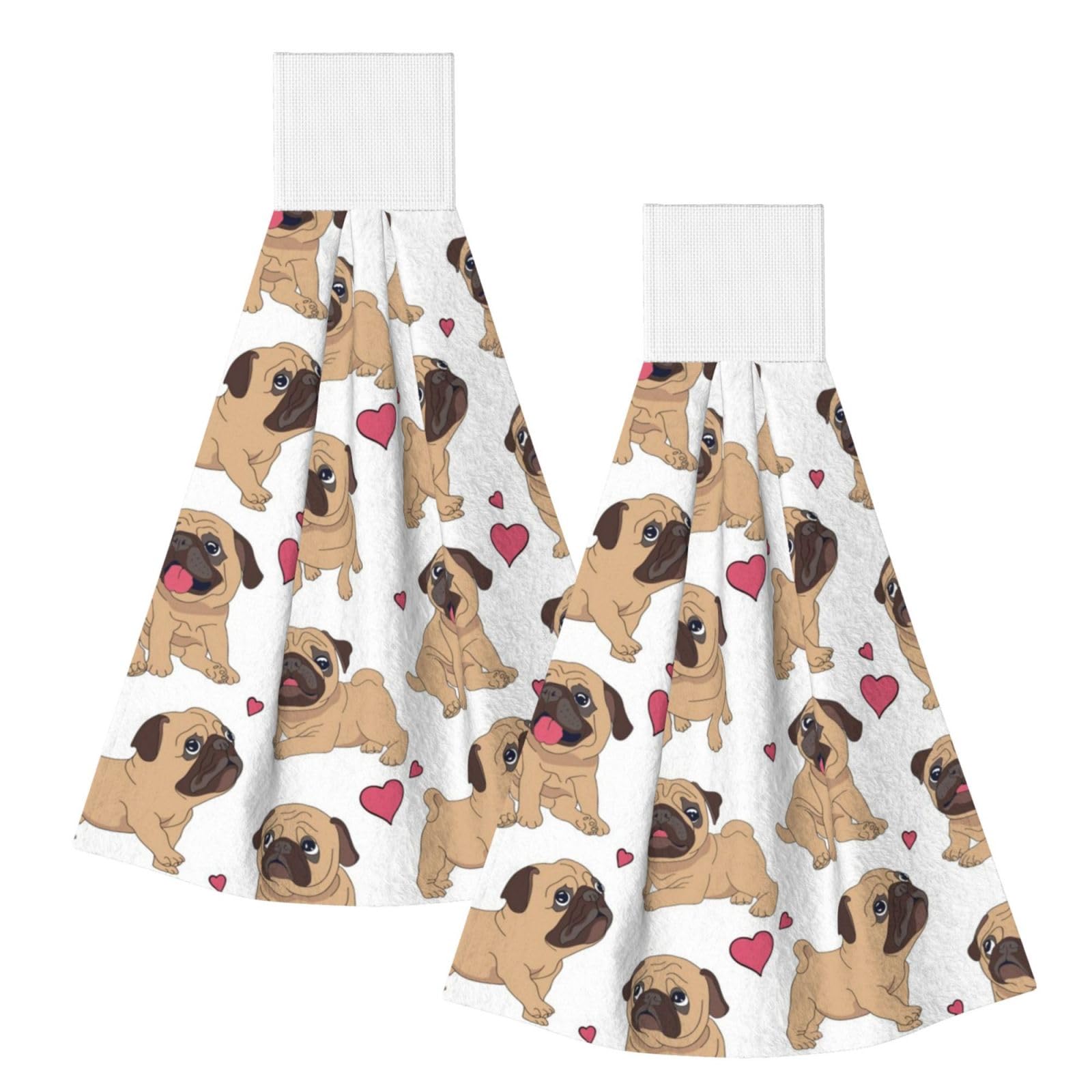DOPKLNA Funny Cartoon Pugs Puppies, 2 Pcs Hanging Coral Fiber Hand Towels for Bathroom, Absorbent Kitchen Towels
