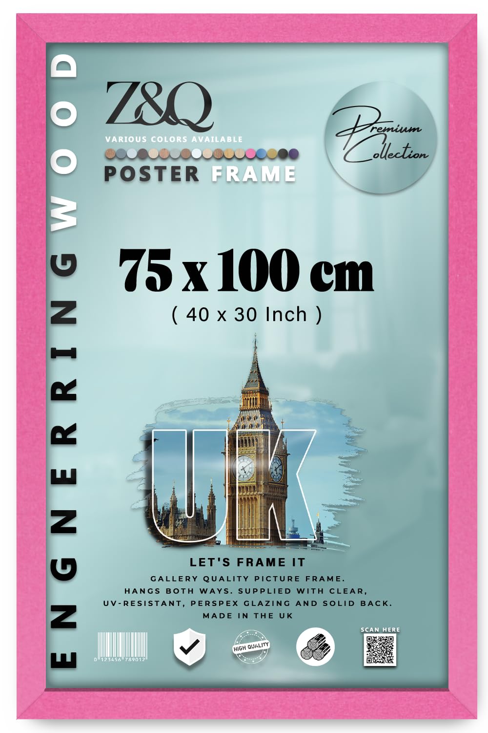 Z&Q | Modern MDF Picture Frame (75 x 100 CM) Wood Texture, Wall Mountable 30" x 40" Gallery Style, 750 x 1000 mm [ Pink ]