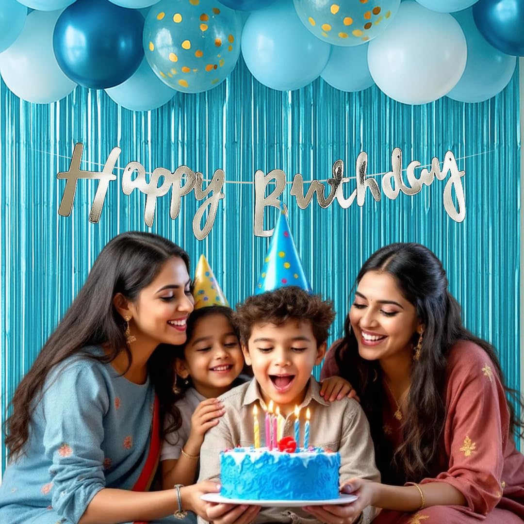 The FOMO Factory 53 Pcs Pastel Blue Birthday Decoration Kit | Metallic Shiny Balloon Arch + Large Pastel Blue Curtain + HBD Banner | Easy Birthday Decoration for Boy, DIY Kids Party Prop (Blue53) 2