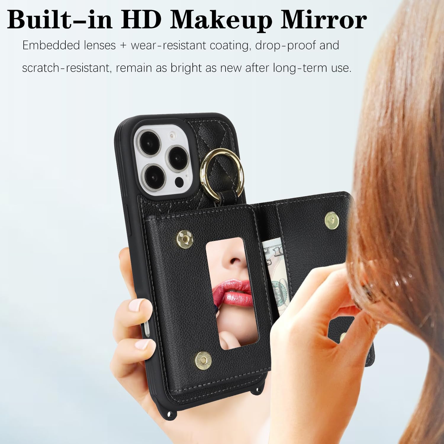 for iPhone 16 Pro Max Case with Card Holder and Strap for Women,Crossbody Lanyard, Make Up Mirror,Ring Stand,Snap Clasp,Cute Phone Wallet Cases 6.9 inch - Black - Image 5