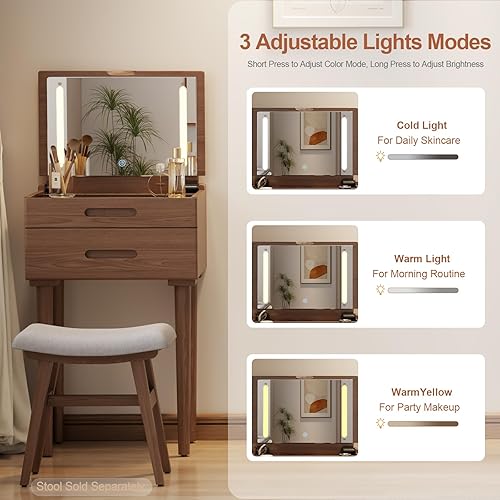 Miniatura 7 de Escritorio pequeño de madera maciza con espejo y luces, tocador de maquillaje estrecho para espacios pequeños, mesa auxiliar de tocador abatible, 3