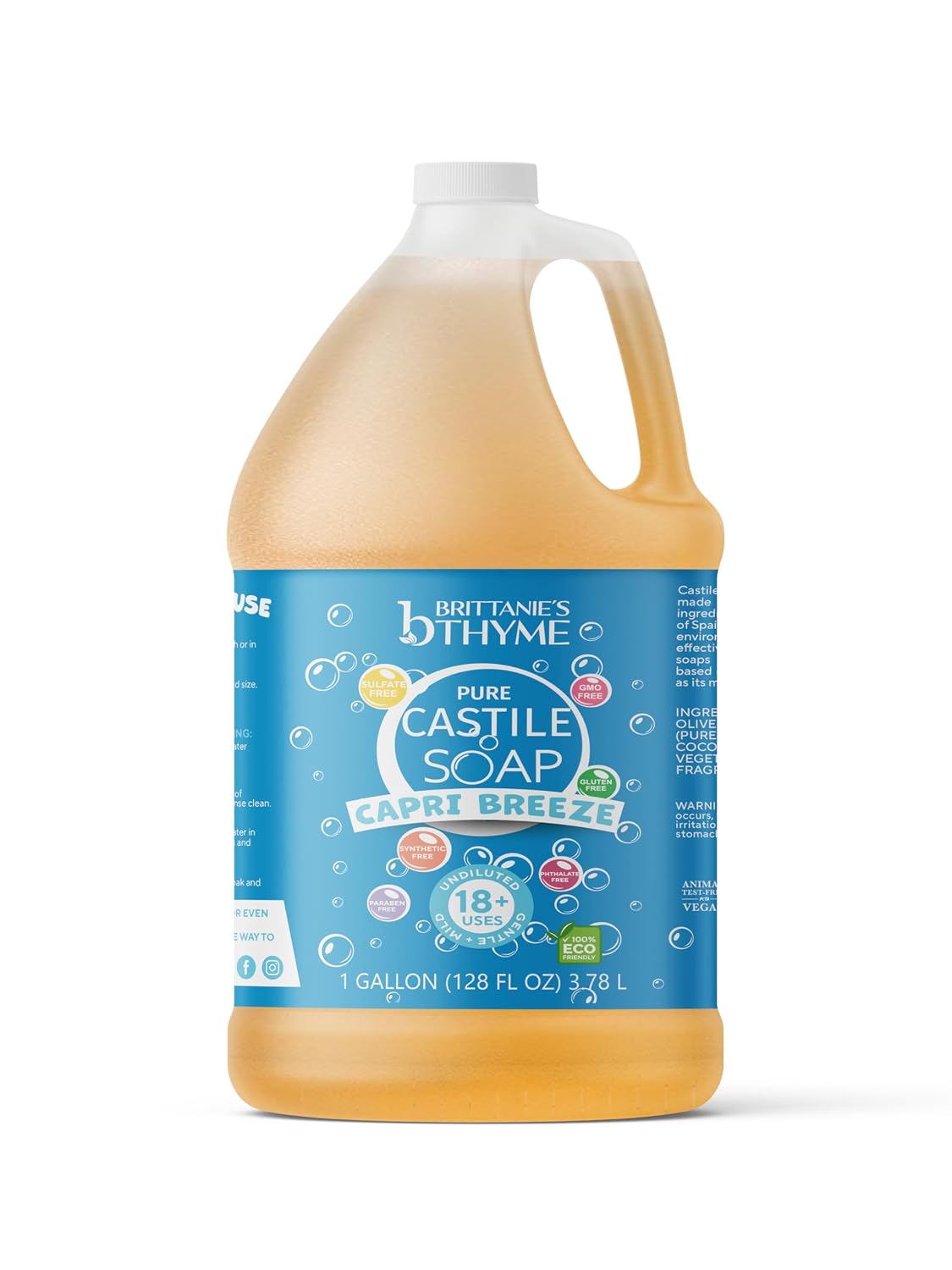 Brittanie's Thyme Brittanie's Pure Organic Castile Liquid Soap Refill, Capri Breeze Volcano Scent, Face Body Dishes Pets & Laundry, Vegan Gluten Free Non-GMO, Tropical Sugared Citrus, 128 Fl Oz