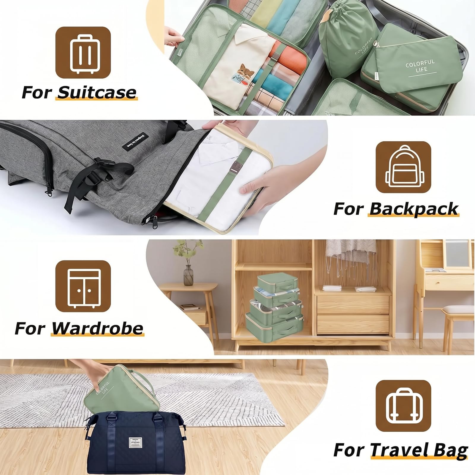 LANSKLBD 6/8 Set Packing Cubes for Suitcases Travel Luggage Packing Organizers,Travel Accessories Essentials Luggage Organizer with Shoe/Tioletry/Laundry Bag (Matcha Green, 8 set) view 6