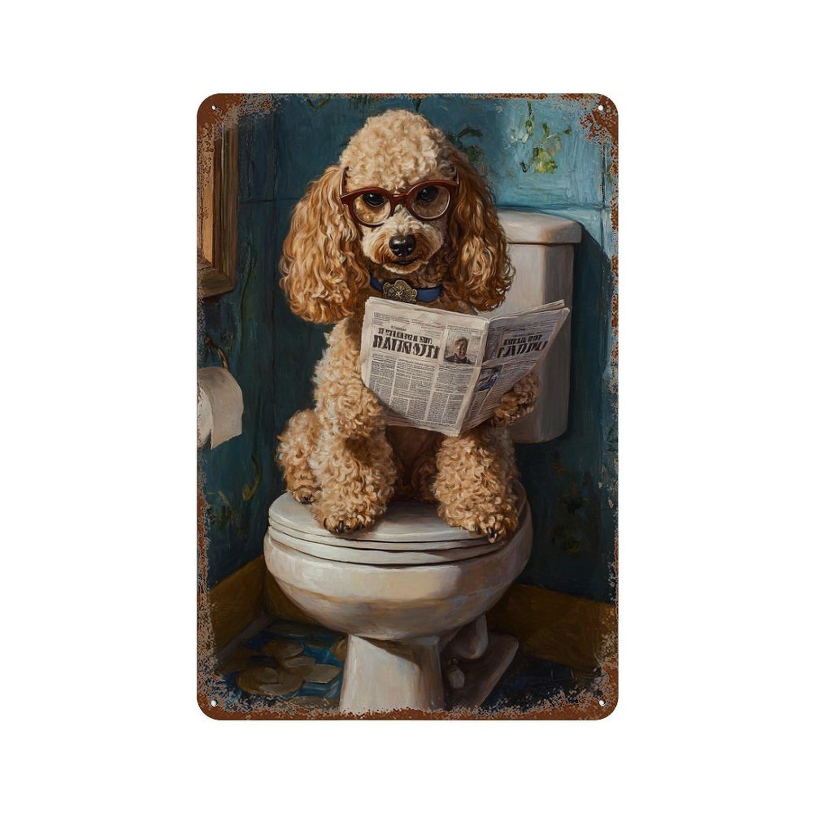 Garage Style Poodle Reading Newspaper on Toilet Weathered Tin Sign 11.8"x7.9", Shabby Chic Decor for Bar And Workshop