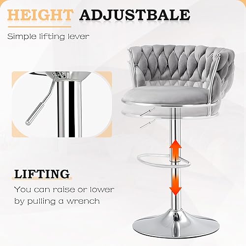 Miniatura 6 de Juego de 2 taburetes de bar grises, modernos taburetes de bar giratorios de 360 con respaldo tejido, base plateada, sillas de bar de terciopelo,