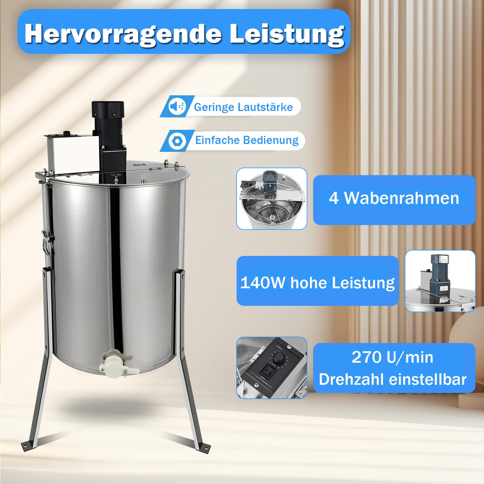 Elektrische Honigschleuder mit 4 Waben – 140W Edelstahl Honiggewinnung mit Geschwindigkeitsregelung und Transparentem Acryl-Deckel