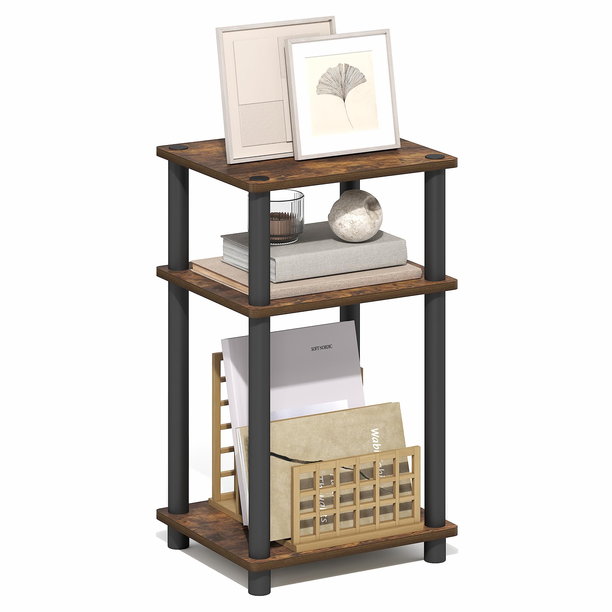 Furinno TURN-N-TUBE Side Table, 3-Tier End Table, Night Stand, Bedside Table, for Living Room, Bedroom, Amber Oak