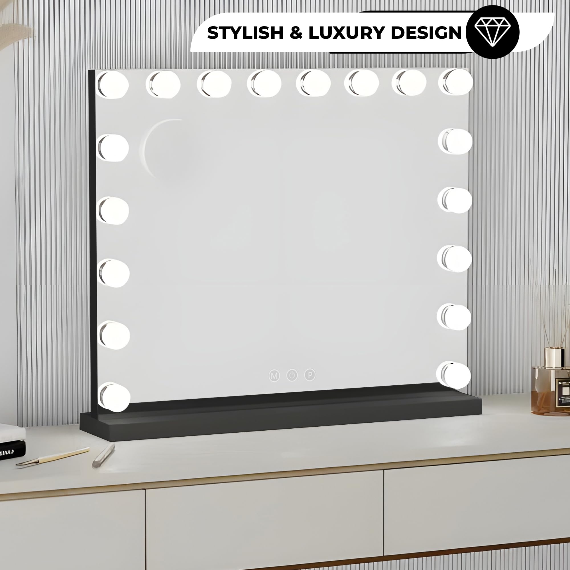 Bayt Specchio Hollywood con Luci LED – Specchio Trucco Nero 80x60 cm con 18 Lampadine Dimmerabili, 3 Tonalità di Luce (calda, fredda, naturale), Touch Screen & Specchietto Ingranditore 10x