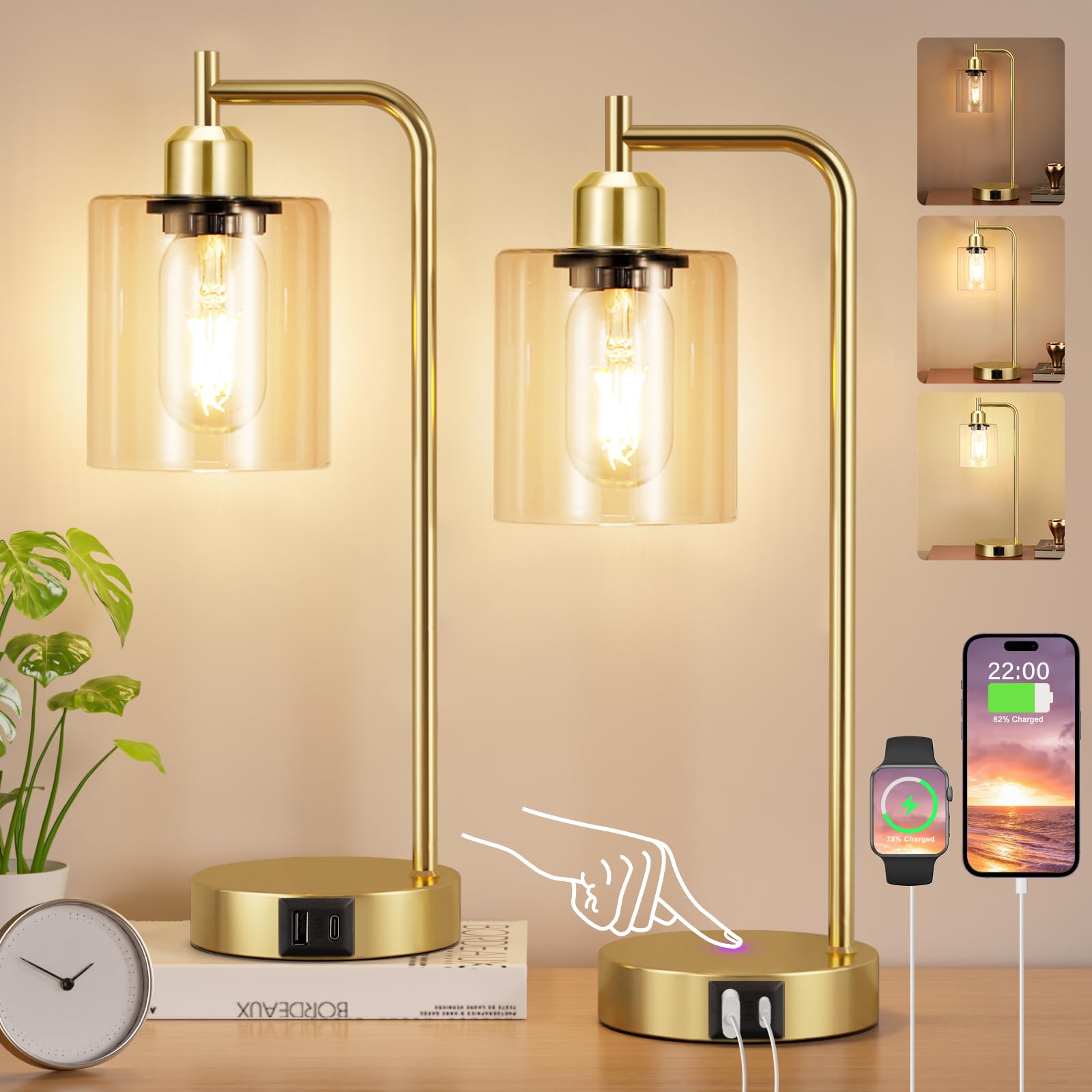 Aooshine Industrial Touch Lamps Set of 2, Gold Bedside Lamps Set of 2 with Glass Shade for Bedroom(Bulbs Included) — image 1