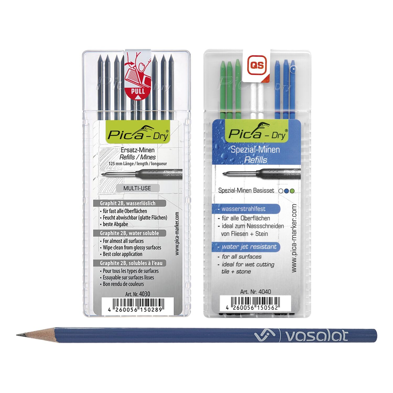 vasalat Pica Dry Refill Set - 10 Pieces Graphite 2B Multi-Use and 8 Refills Waterjet Resistant in Blue/White/Green