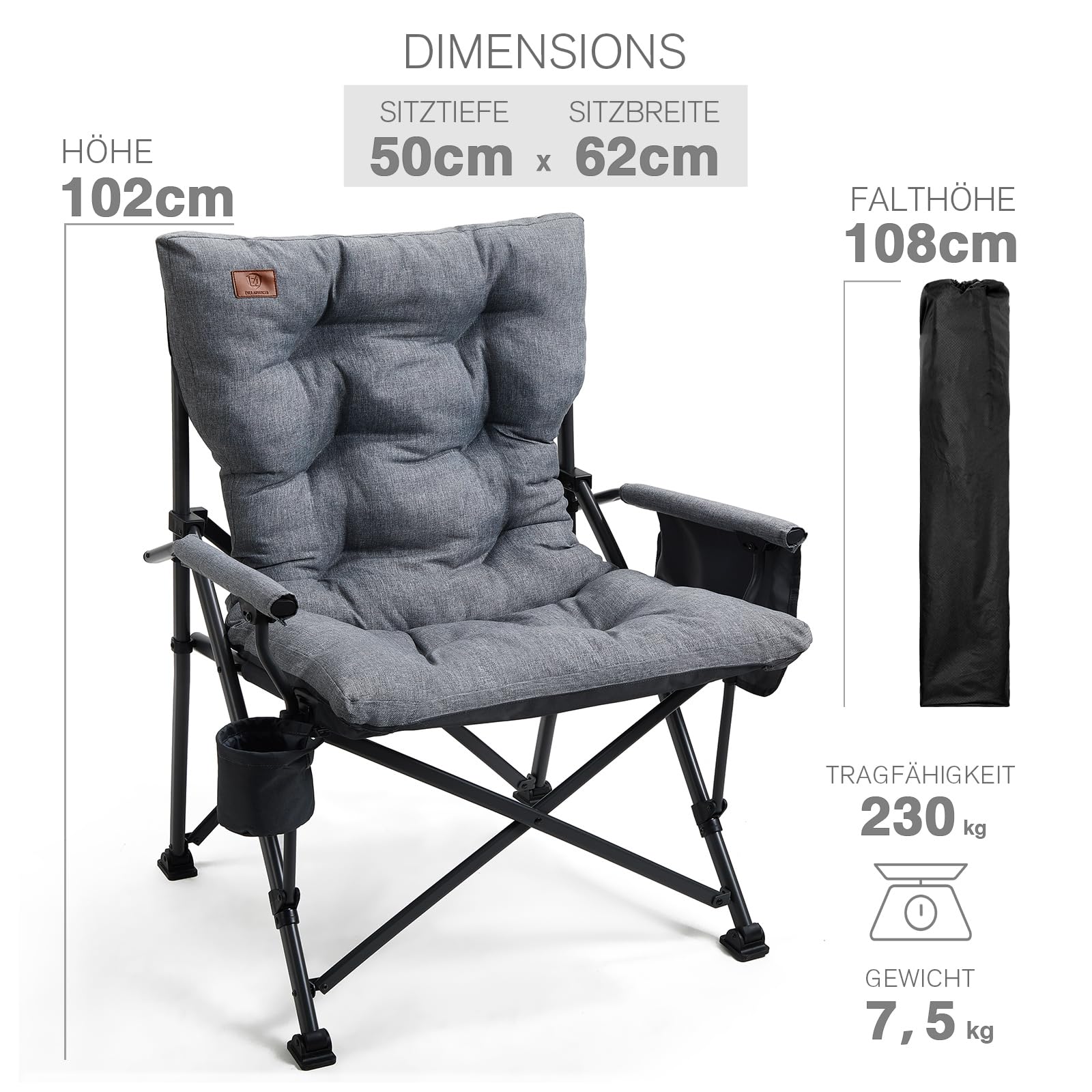 EVER ADVANCED Campingstuhl Faltbar 230KG Belastbar XL Klappstuhl 62cm Sitzbreit mit Seitentasche Getränkehalter Übergroß Faltstuhl Angelstuhl für Camping Outdoor Balkon Garten
