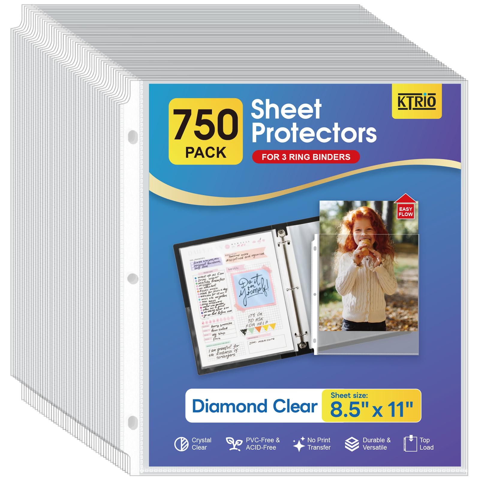 KTRIO 750 Pack Sheet Protectors 8.5 x 11 inch, Clear Page Protector for 3 Ring Binder, Plastic Sleeves for Binders, Top Loading Paper Sheets Document Sleeve Letter Size, Office & Home