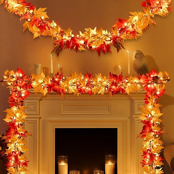 9FT Fall Decorations for Home Large Leaves Fall Garland with Lights Plug in 50 Bulbs Connectable Thanksgiving Garland String Lights for Outdoor Indoor Harvest Fireplace Fall Decor（1 Pack）