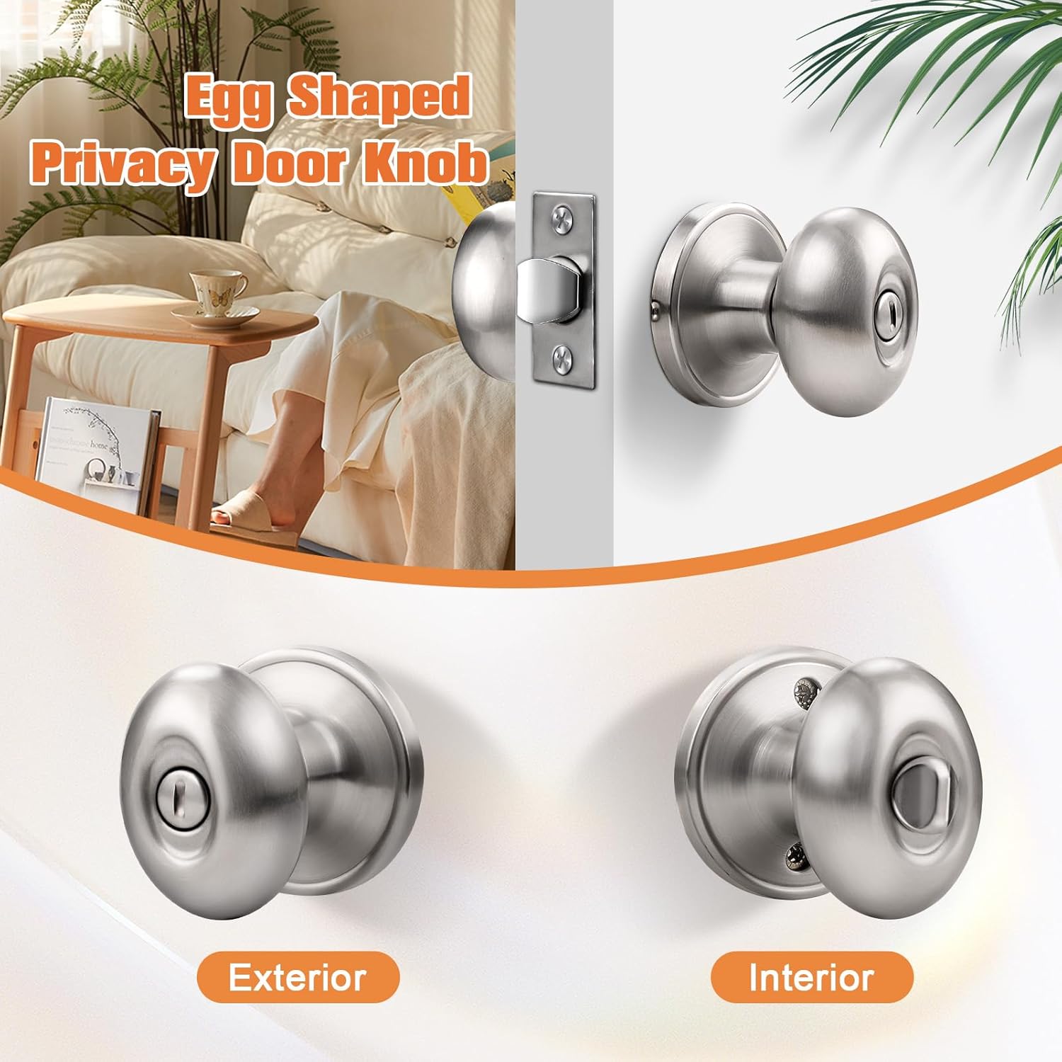 Gobrico 4 Pack Brushed Nickel Privacy Door Knobs Oval Style Door Knobs Keyless Interior Door Handles Egg Shaped Door Knobs for Bedroom/Bathroom