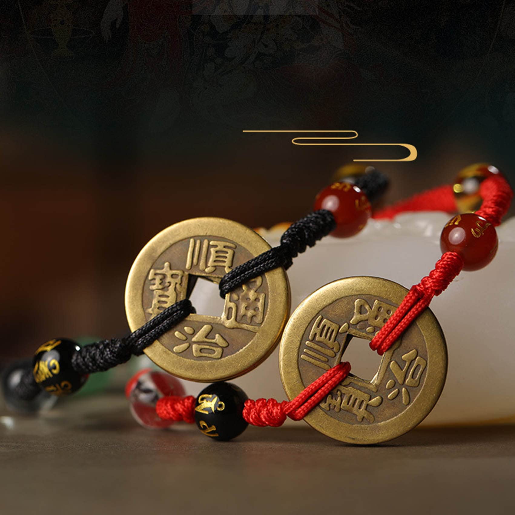 Pulsera Feng Shui Tobillera Pulsera de Hilo Rojo Cinco Monedas Antiguas Amuletos de la Suerte Pulsera Cuentas de Riqueza Pulsera de Cristal Pulsera Budista Hecha a Mano Ajustable