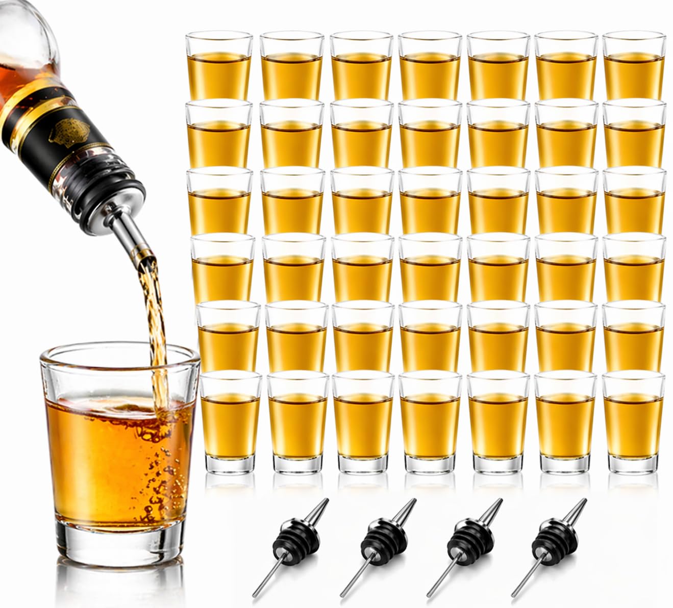 YAYODS 36 bicchieri da liquore da 45 ml, lavabili in lavastoviglie, riutilizzabili con 4 beccucci in acciaio inox, per liquori alle erbe, bismarck, vodka, tequila